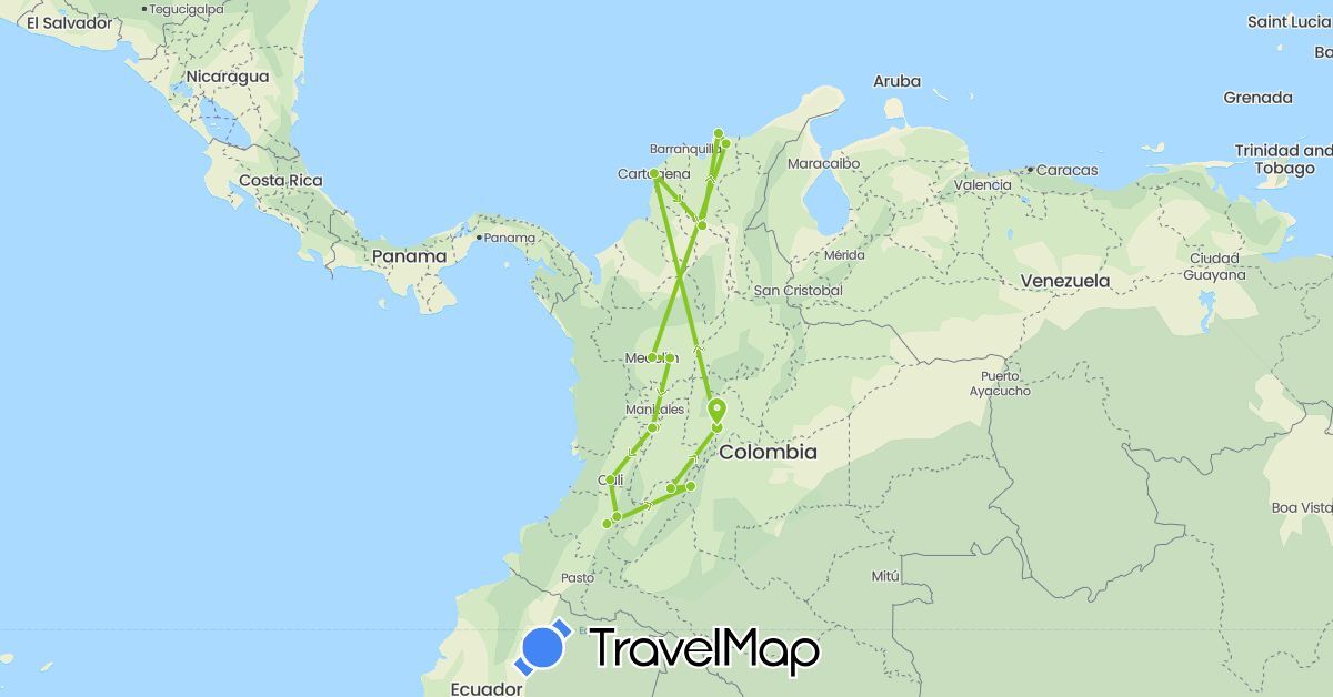 TravelMap itinerary: driving, electric vehicle in Colombia (South America)