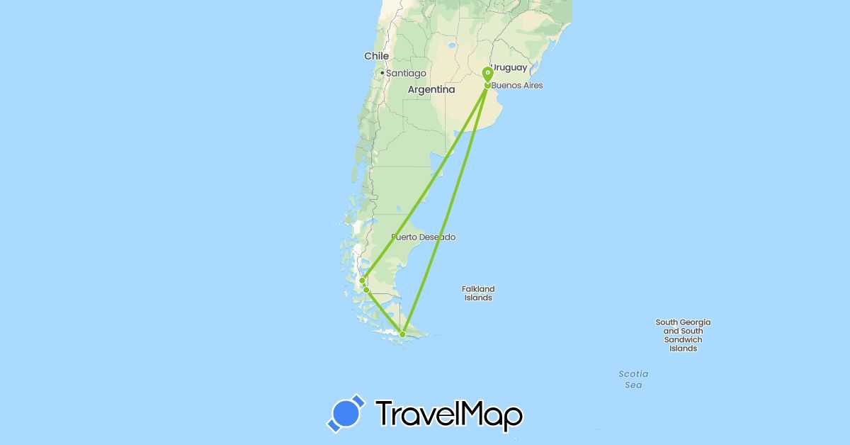 TravelMap itinerary: driving, electric vehicle in Argentina, Chile (South America)