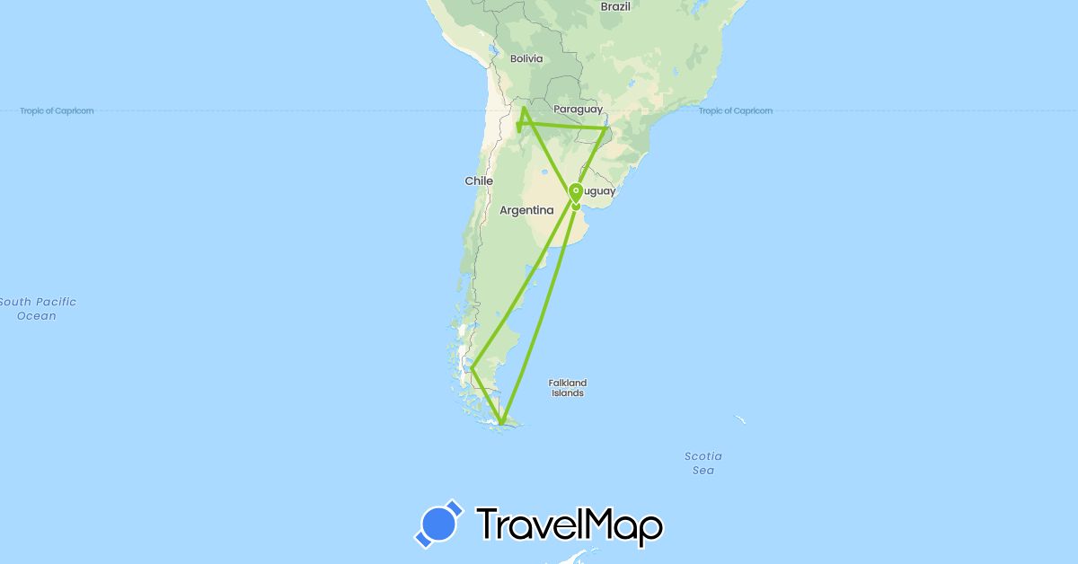 TravelMap itinerary: driving, electric vehicle in Argentina, Brazil (South America)