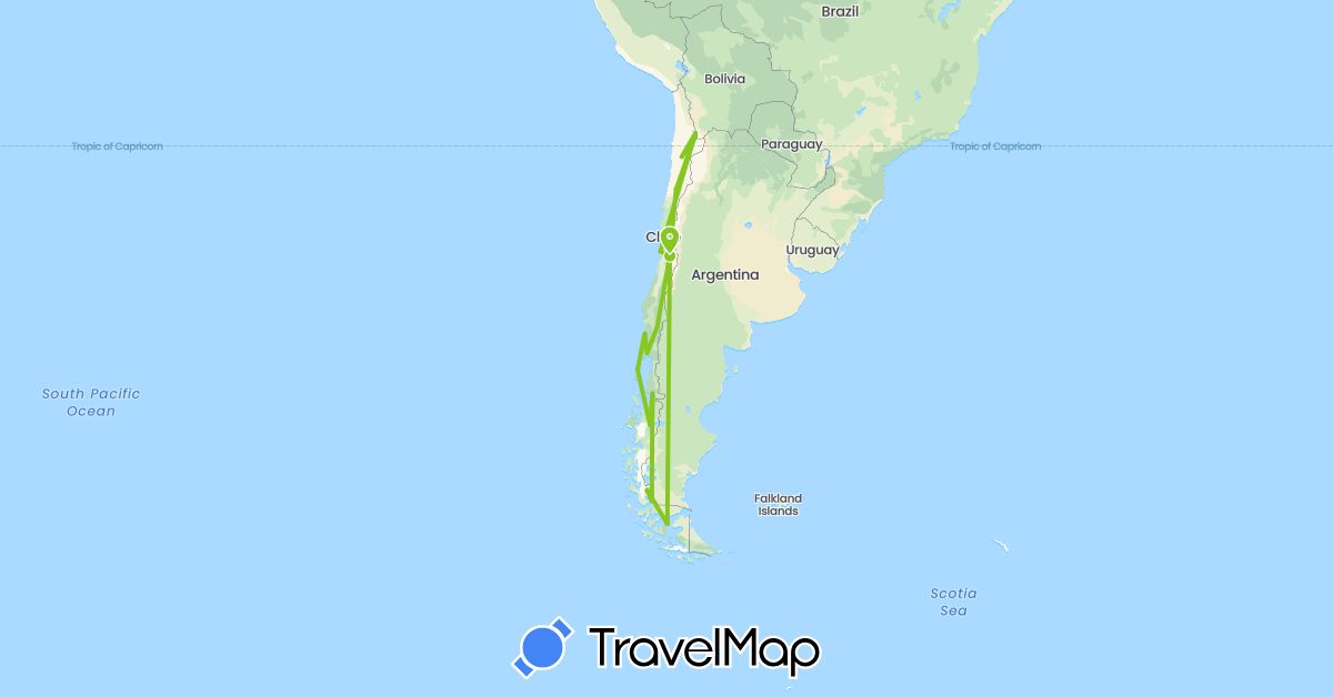 TravelMap itinerary: driving, electric vehicle in Chile (South America)