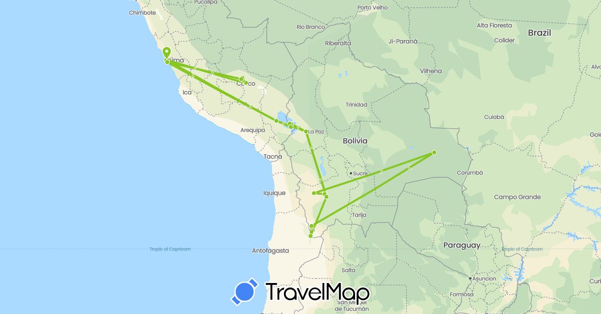 TravelMap itinerary: driving, electric vehicle in Bolivia, Peru (South America)