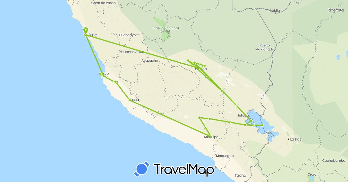 TravelMap itinerary: driving, electric vehicle in Peru (South America)