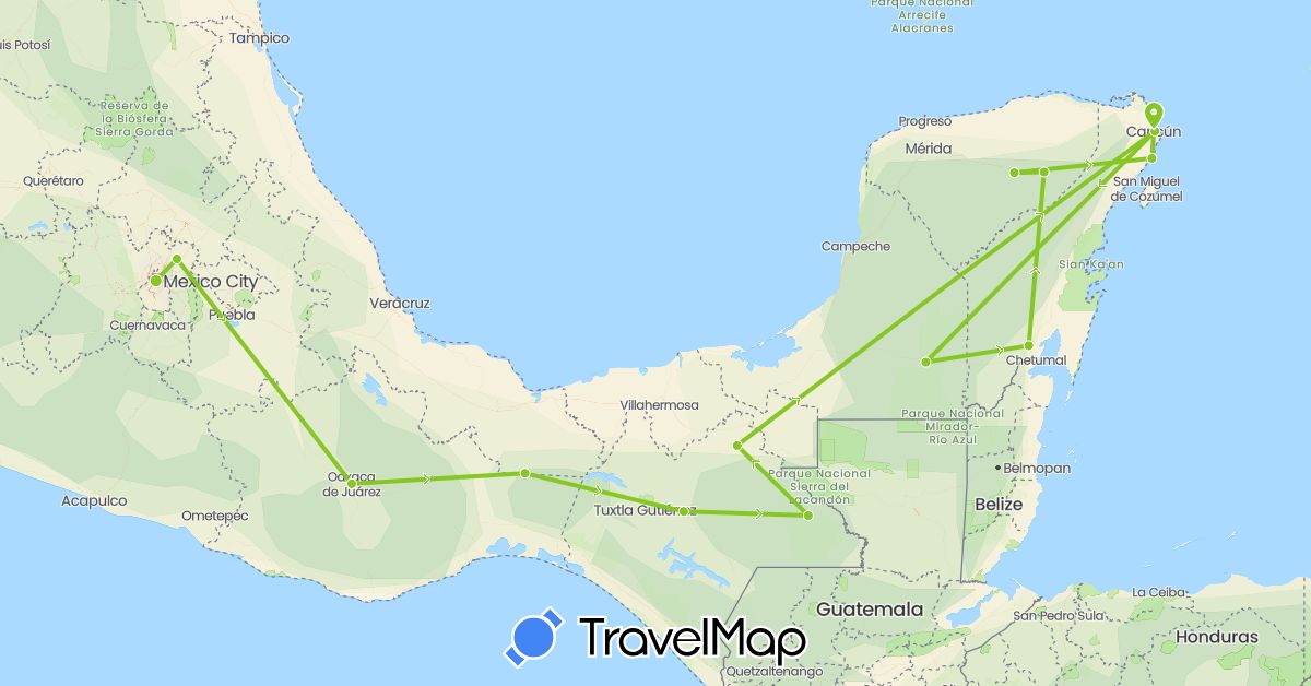 TravelMap itinerary: driving, electric vehicle in Mexico (North America)